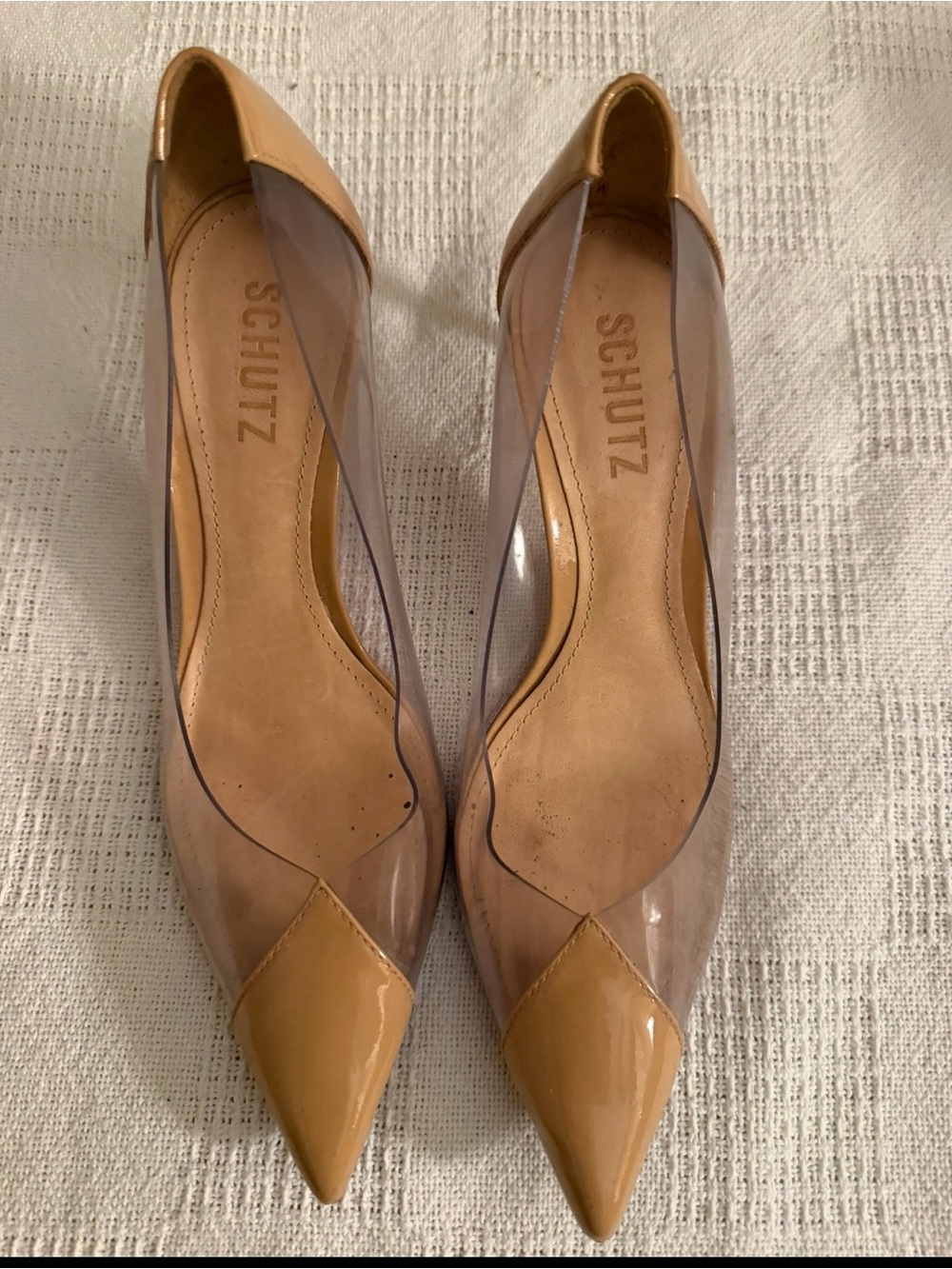 SCHUTZ Tan Patent Pointed-Toe Pumps with Transparent Panels
